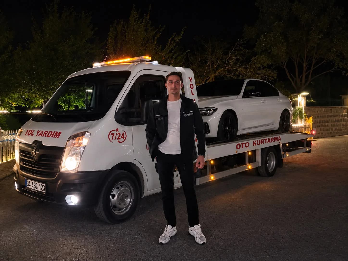 Kılıççı Oto Kurtarma çekicisi, gece bir aracı platforma yüklemiş hâlde